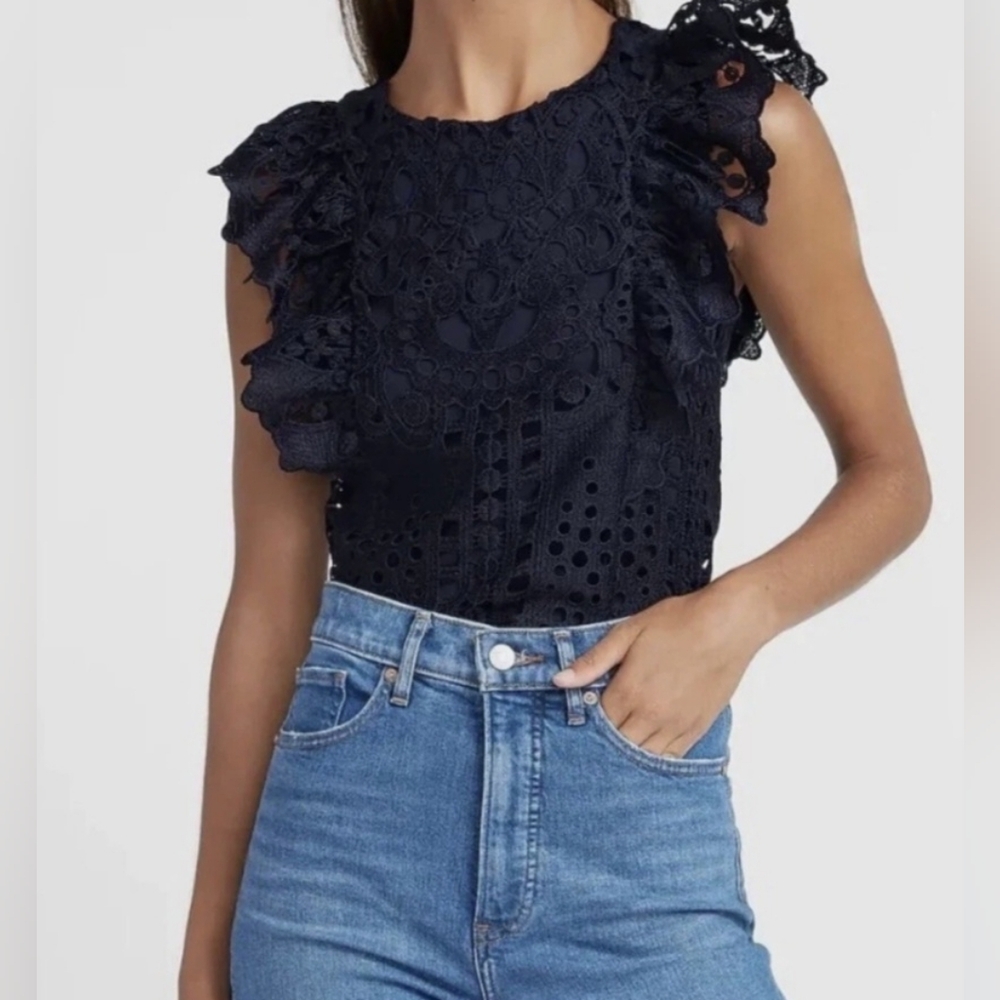 Express Navy Ruffle-Sleeve Lace Overlay Top